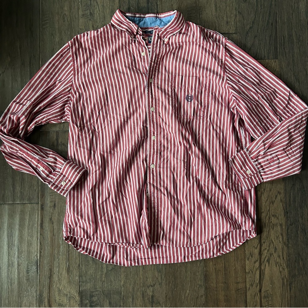 Vintage Chaps Striped Button Down Shirt Red White Blue Mens L